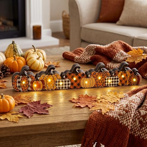 Yousoontic Fall Pumpkin Decor, LED Lighted Fall Table Centerpieces, Retro Plaid Leopard Wooden Pumpkin Sign Decorations 3D Block Farmhouse Decor for Autumn Harvest Thanksgiving Home Mantel Party