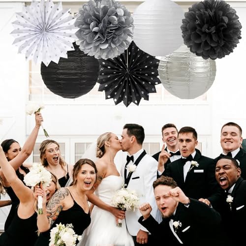 Black White Silver Party Decorations - 20pcs New Year Men Birthday Paper Lanterns Fans,Tissue Pom Poms,Honeycomb Balls,Bunting,Wedding Bachelorette Bridal Graduation Baby Decor Burgleda