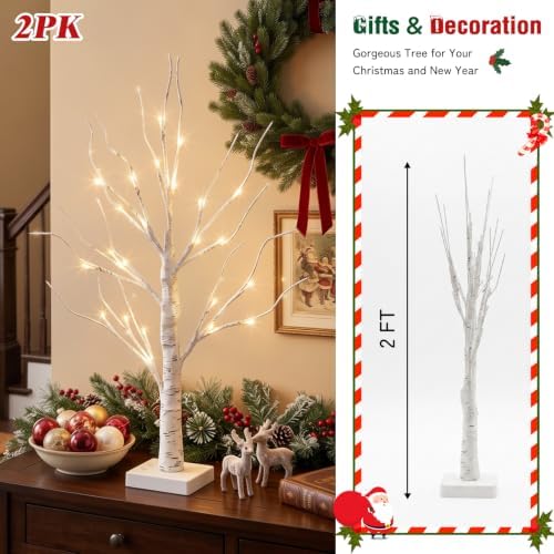 PEIDUO Christmas Decorations, 2FT Birch Tree with LED Lights, Warm White Light up Tree Lamp, Artificial Trees for Home Table Inside, Battery Powered, Timer (2PK)
