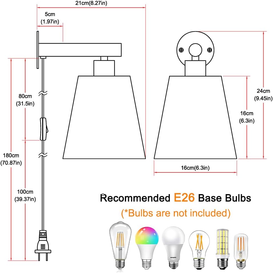 Plug in Wall Sconces Set of Two, Wall Lamp with Plug in Cord, Black Wall Sconce Light Plug in, Bedside Wall Mounted