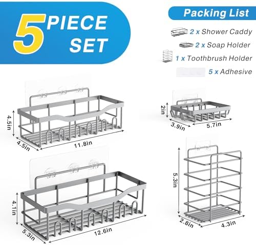 Shower Caddy 5 Pack,Adhesive Shower Organizer for Bathroom Storage&Home Decor&Kitchen,No Drilling,Large