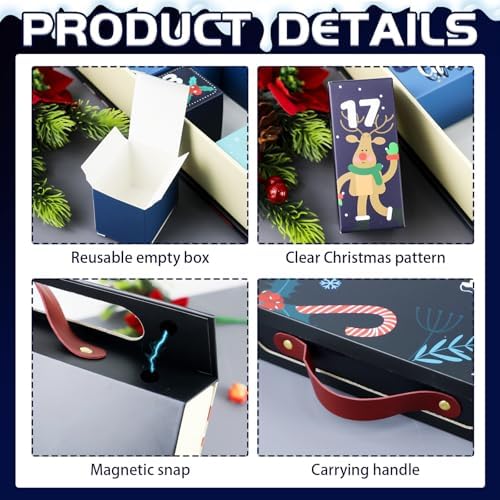 Christmas Advent Calendar, Empty Advent Calendar to Till Yourself, 24 Days Christmas Countdown Box, Reusable Empty Gifts Boxes, Xmas Gifts for Boys Girls Teens Adults