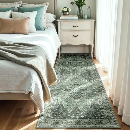 RELEANY Washable Area Rug, Runner 3'x7', Green/Dark Green/Gray
