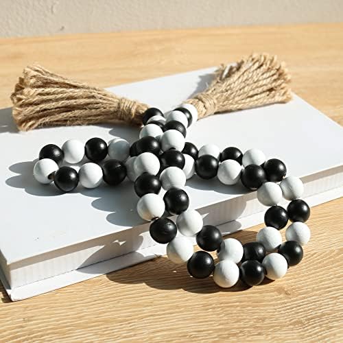 Meplait Wood Bead Garland, 39in Decorative Tassels Garland, Black&White