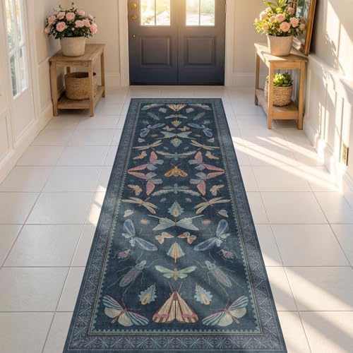 Vintage Dark Blue Insect Moth Runner Rug 3x8, Non Slip Washable Carpet for Hallway & Entryway, Kitchen, Soft Low Pile