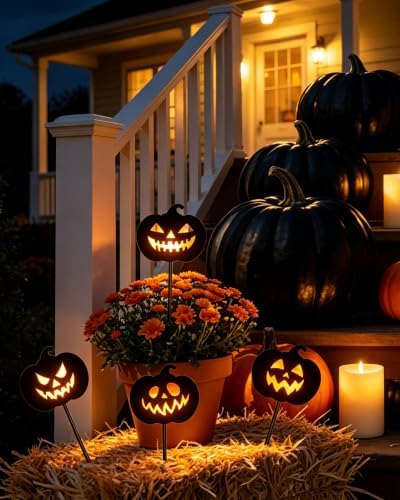 Halloween Decorative Garden Stakes, 4 Pcs Metal Ghost Silhouette Yard Signs for Flower Pot Planter, Outdoor Halloween Patio Lawn Decor