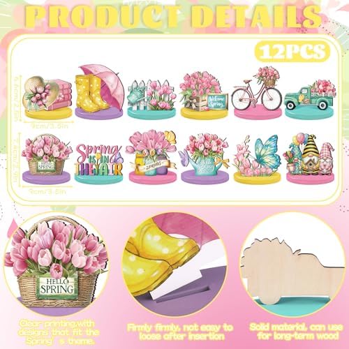 Amyhill 12 Pcs Spring Table Decorations Wooden Tabletop Centerpiece Wooden Table Sign for Tiered Tray Fiesta Carnival Party