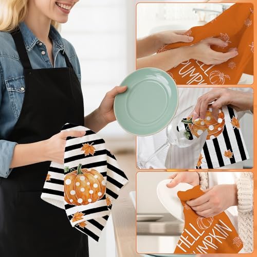 Bonsai Tree Fall Kitchen Towels, Pumpkin Fall Decor, Stripe Hand Towels
