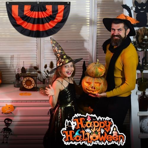 Newwiee 1 PC 6 x 3 ft Halloween Flag Bunting Half Fan Hanging Pleated Flag Banner with 3 Grommets for Halloween Indoor Outdoor House Party Holiday Yard Decorations Props, Black Orange