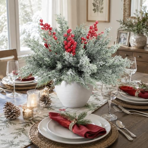 10 Pcs 16''Large Christmas Snow Pine Branches with Red Berries