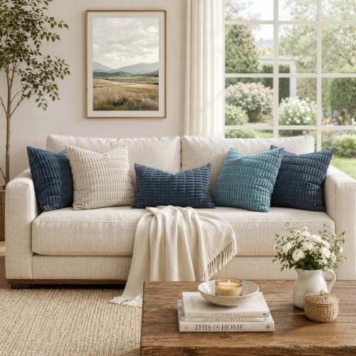 MIULEE Lumbar Corduroy Decorative Throw Pillow Covers 12x20 Blue Pack of 2