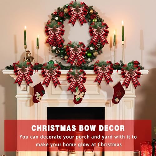 Moucuny 6 Pcs Christmas Burlap Bows Red and Black Buffalo Plaid 5 x 6 Inch