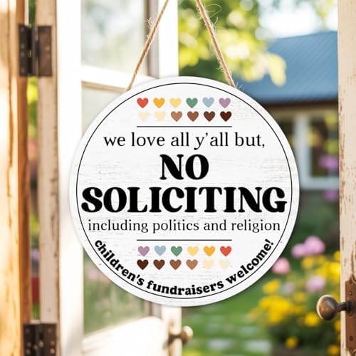 No Soliciting Round Wood Hanging Sign for Front Door,Do Not Knock or Ring Doorbell House Welcome Sign