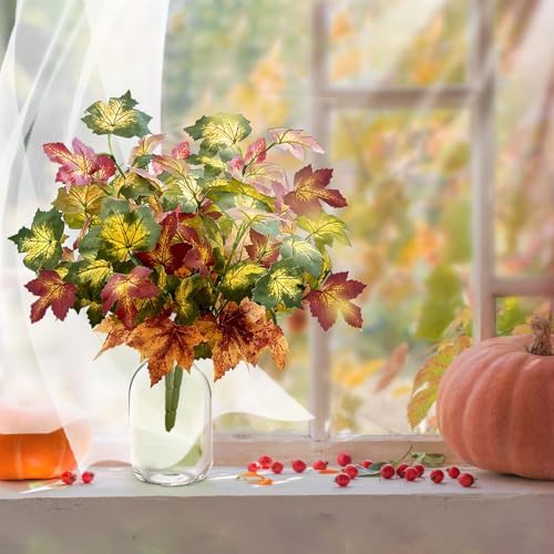Daily Treasures 2Pcs Artificial Maple Leaves Branches,17.7in Artificial Autumn Decorations,Fake Fall Leaves Stems,Fake Plants Fall Decor for Thanksgiving,Halloween,Outdoor,Home,DIY(Green-Yellow-Red)