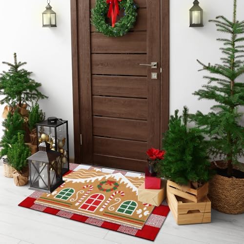 Tinideya 2 Pcs Gingerbread House Layered Doormat Set