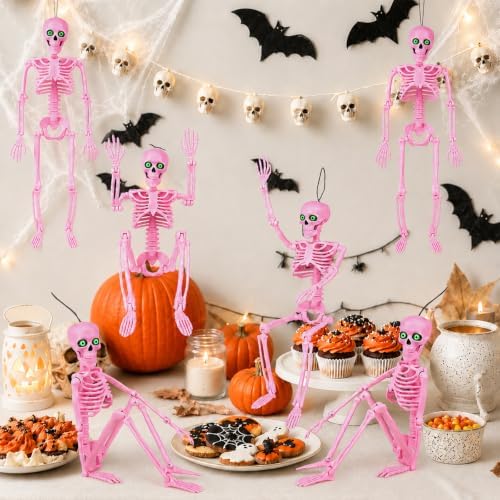 6Pack 16" Halloween Pink Skeleton Decorations with Eyes & Box (Pink)