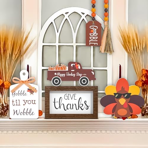 Thanksgiving Tiered Tray Decor - Give Thanks Turkey Wooden Signs Bead Garland Table Signs Farmhouse Decorations for Thanksgiving Party Home Kitchen Office