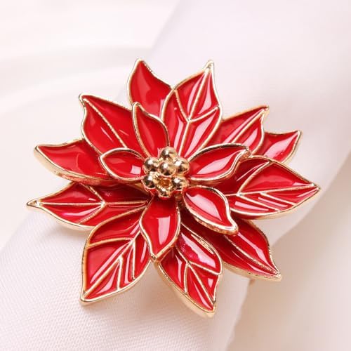 Christmas Poinsettia Napkin Rings Set of 6 Holders with Red Flowers, Christmas Napkin Rings Dinning Table Setting for Wedding Party Holiday Banquet Decor(Bows-6pcs)