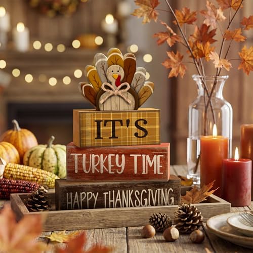 Moucuny 4 Pcs Thanksgiving Table Decorations Wooden Turkey Tiered Tray