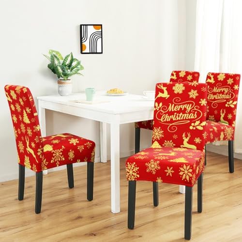Merry Christmas Chair Covers Set of 6,Xmas Snowflake Elk Dining Chair Slipcovers,Elastic Removable Washable Dining Parsons Chair Protectors,Christmas Decor for Home Red