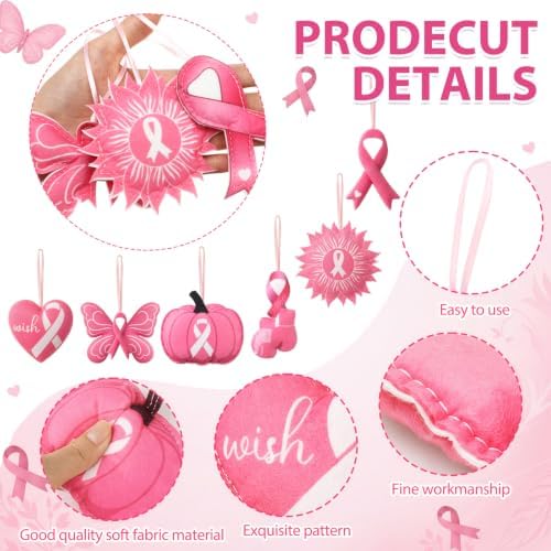 Breling 12 Pcs Breast Cancer Ornaments 3.15" Pink Ribbon Felt Hanging Decor