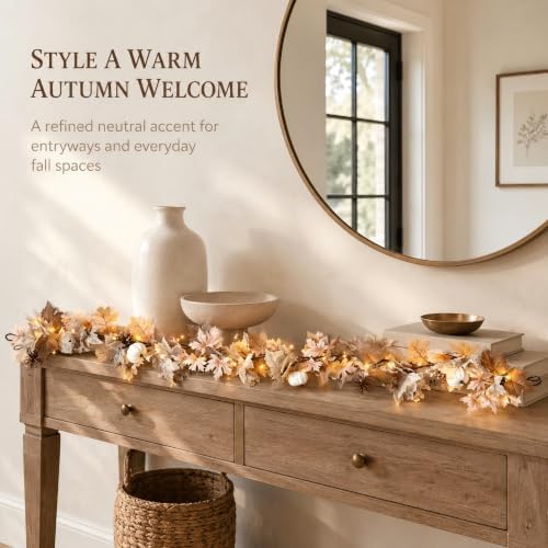 Fall Decor Garland with Lights, 6Ft, 30 Warm LED, White Pumpkins