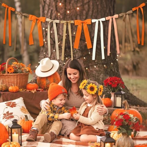 Fall Bow Garland, Fall Mantel Bows Garland Thanksgiving Bow Banner Autumn Hanging Garlands Fall Decorations for Home Office Fireplace Mantle Decor, Table Wall Halloween Thanksgiving Farmhouse Decor