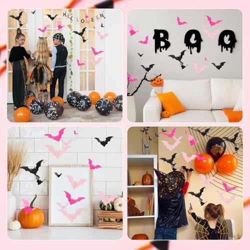 CCINEE 144pcs Pastel Halloween Bats Wall Decorations,PVC Waterproof Pink Black 3D Bat Stickers for Home Indoor Room Outdoor Summer Halloween Party Scene Decals Decoration
