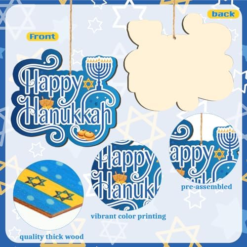 Qunclay 36 Pcs Hanukkah Ornaments Chanukah Wooden Hanging Ornament Star of David Menorah Gnome Happy Hanukkah Wood Pendant Blue Yellow Jewish Home Decorations for Christmas Tree Party Decor