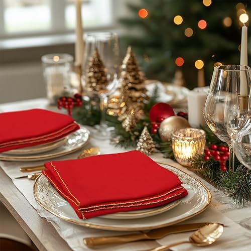 COTTON CRAFT Red Cloth Napkins with Gold Trim - 12 Pack Christmas Napkins
