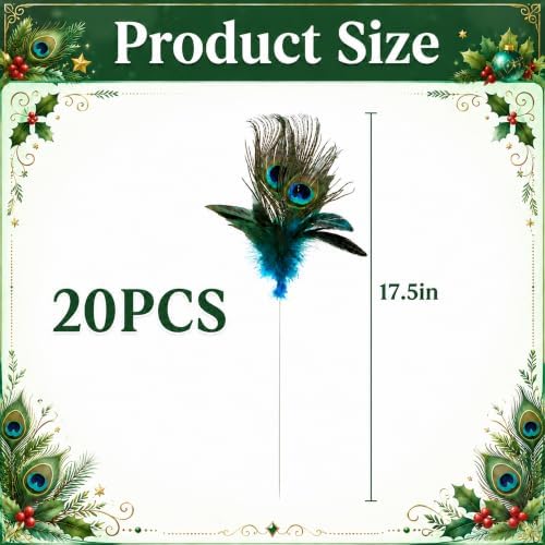 20 Pcs Artificial Peacock Feather Picks, Peacock Feather Xmas Tree Picks