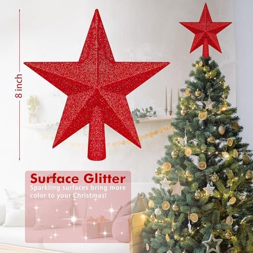 Xmas Star Tree Topper, 8" 3D Glitter Red Christmas Tree Topper Decorations