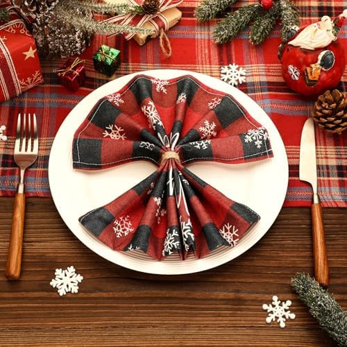 Funnymoom 24 Pcs Christmas Buffalo Plaid Cloth Napkins Red White 15x15