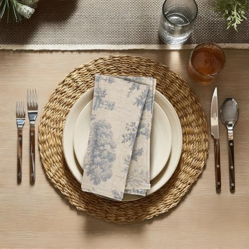 Blue Vintage Cloth Napkins Set of 12 - French Country Toile de Jouy Reusable Napkins 15x15 Inch - Shabby Chic Linen Cotton Dinner Napkins Towels for Everyday Use,Machine Washable Dish Cloth Gift