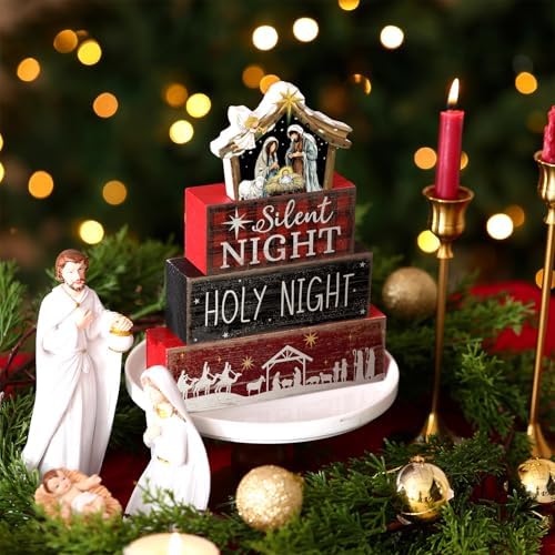 Moucuny 4 Pcs Christmas Table Decor Christian Tiered Tray Decor Holy Night