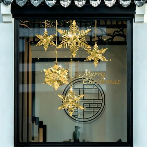 Christmas Tree Window Clings Stickers for Glass, Golden Christmas Snowflake Windows Static Stickers, DIY Wall Window Door Mural Showcase Decal Sticker (Style B)