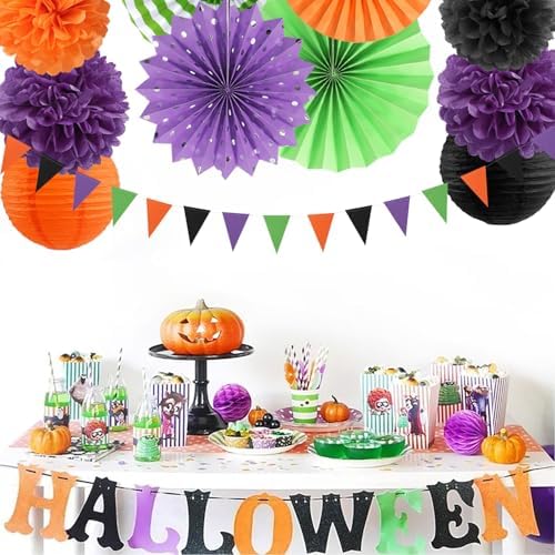 Black Purple Orange-Green Halloween Party-Decorations - 20pcs Paper Lanterns Fans,Tissue Pom Poms,Honeycomb Balls,Hotel Transylvania Hocus Pocus Birthday Baby Bridal Shower Wedding Decor Burgleda