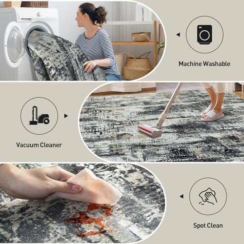 9x12 Area Rugs for Living Room: Washable Abstract Black Grey Gold Carpet