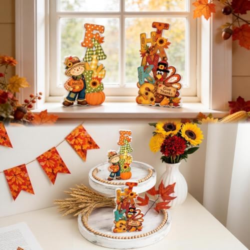 Fall Thanksgiving Table Decor 2 PCS Wooden Fall Scarecrow Turkey Decor