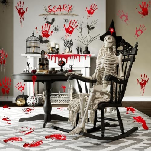 136Pcs Halloween Decorations Indoor, Scary Bloody Handprints Wall Decals Pumpkin Eyeballs Skull Window Stickers with Tattoos for Home Bedroom Floor Bathroom Door Decor (Red Handprints Footprints)