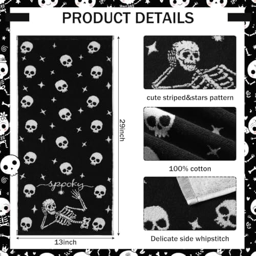 Breling 2 Pcs Halloween Skeleton Hand Towels Black White Bathroom Towels