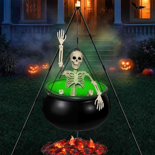 Halloween Decorations Outdoor, 2 Pack Witches Cauldron Set with Fog Effect, Skeleton and Green Lights, Halloween Witch Cauldron Decor with Tripod Stand for Outdoor Porch Yard Lawn Party