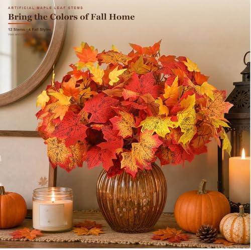 12 Pcs Fall Leaves Stems, 14.9'' Artificial Maple Leaves Branches
