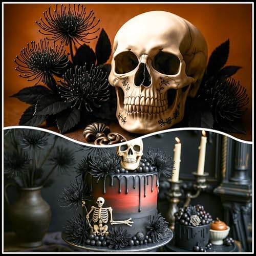 6PCS Black Artificial Fake Mums Halloween Faux Pincushion Flower