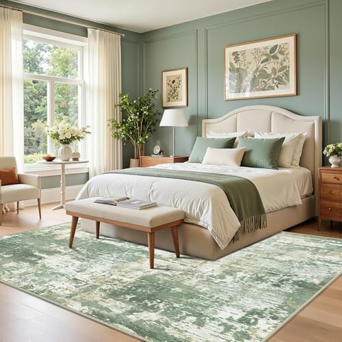 RELEANY Washable 6'x8' Abstract Area Rug for Living Room Light Green