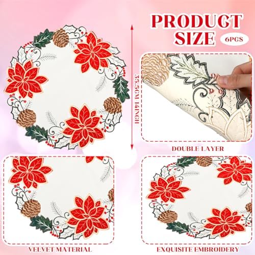 HunnmingRe Christmas Placemats Set of 6 Embroidered Velvet Poinsettia Table Mats 14 Inch White and Red Double Layer Xmas Placemats for Xmas Holiday Tabletop Home Dining Kitchen