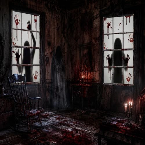 Newwiee 2 Pcs Scary Halloween Curtain Window Silhouette Bloody Handprint