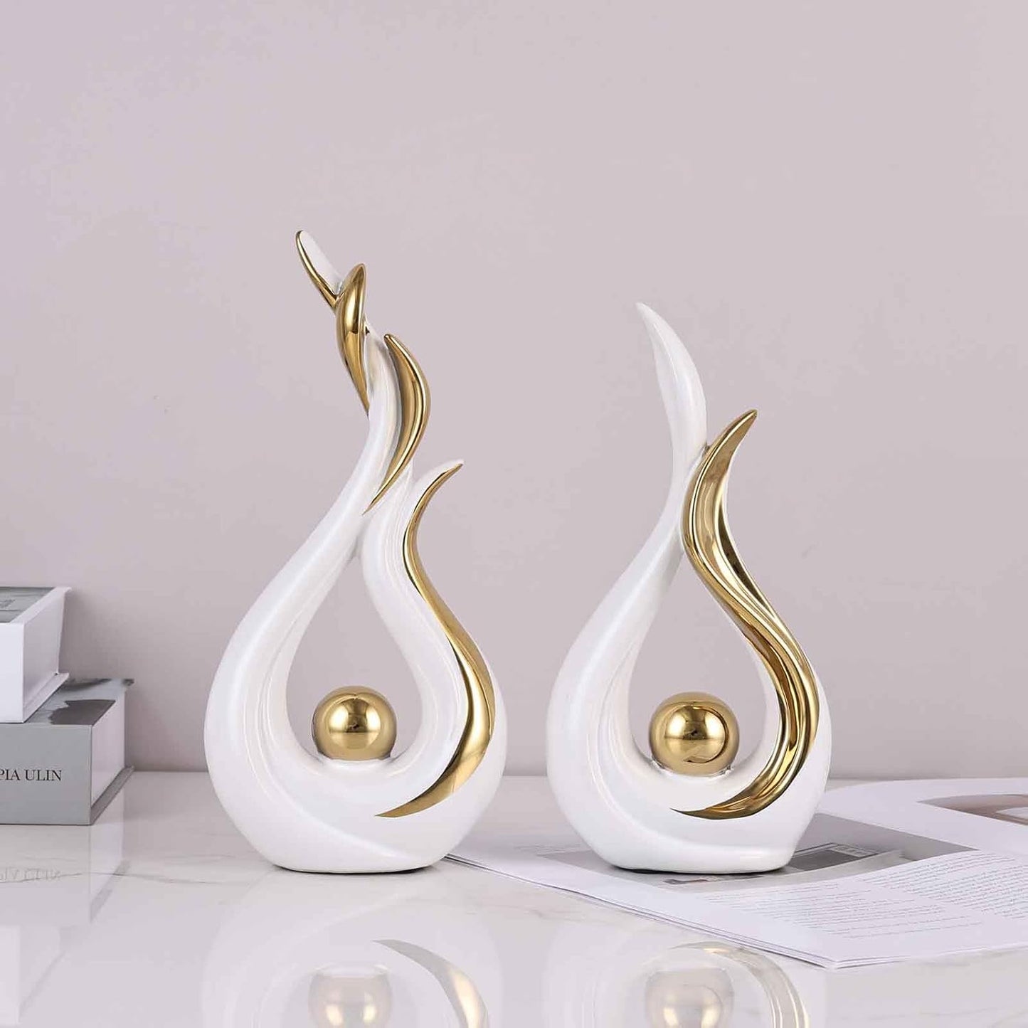 White and Gold Abstract Ceramic Sculptures / White Gold / Set of 2