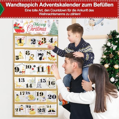 HOWAF Christmas Fabric Advent Calendar, 58 x 128 cm Fillable Advent Calendar 2026, Christmas Countdown Calendar with 24 Large Pockets to Fill Yourself, Hanging Calendar Countdown to Xmas