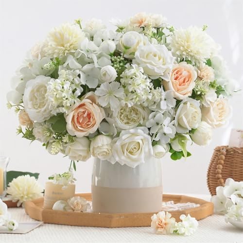 8 Pcs Mixed Artificial Peony Flowers Set-4 Bouquets & 4 Stems, White Fake Peony Rose Hydrangea Flower for Vase Silk Floral Arrangements for Table Centerpiece Wedding Party Bridal Decoration Home Decor